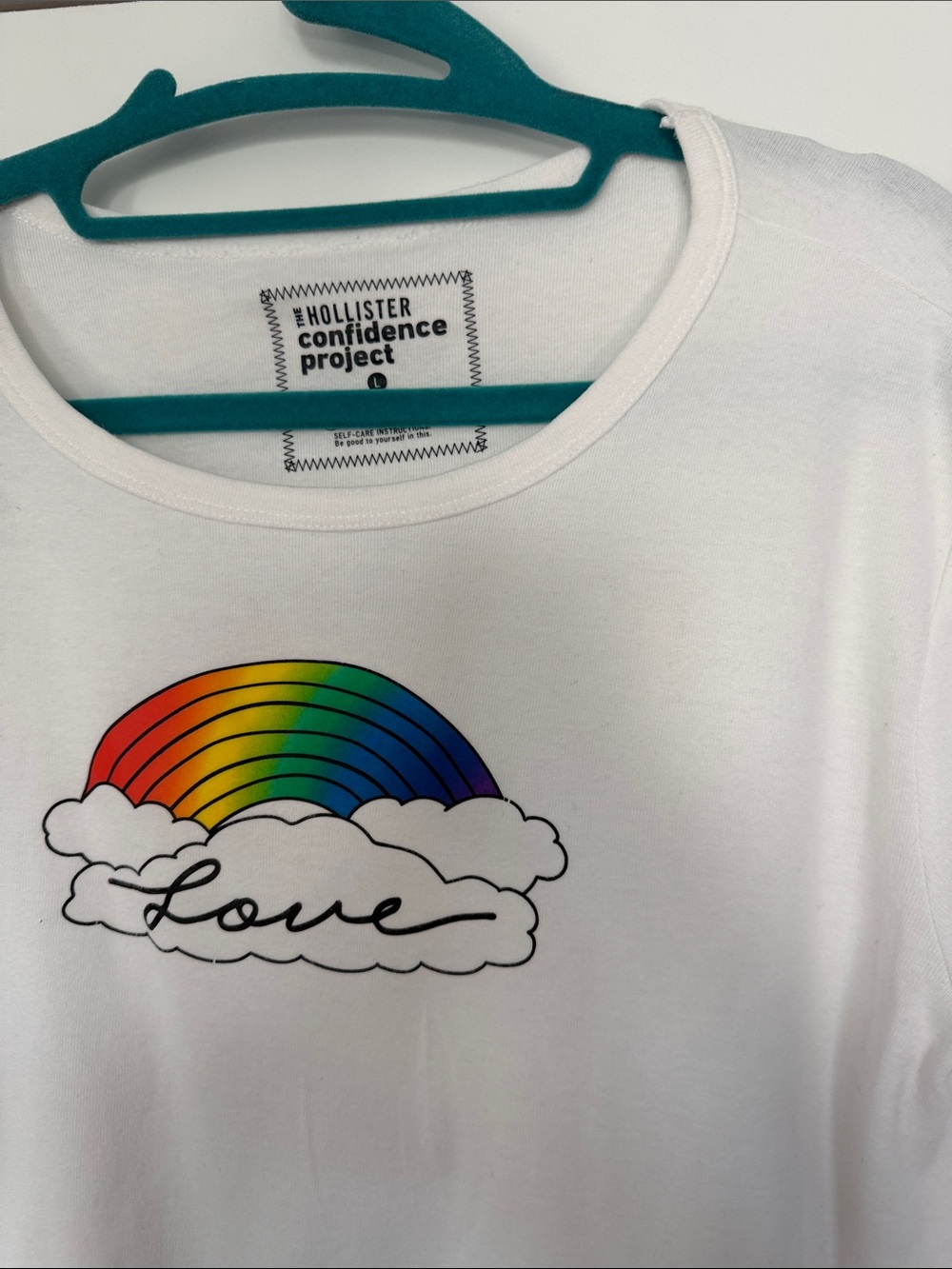 Hollister White Tee with Rainbow 'Love' Graphic
